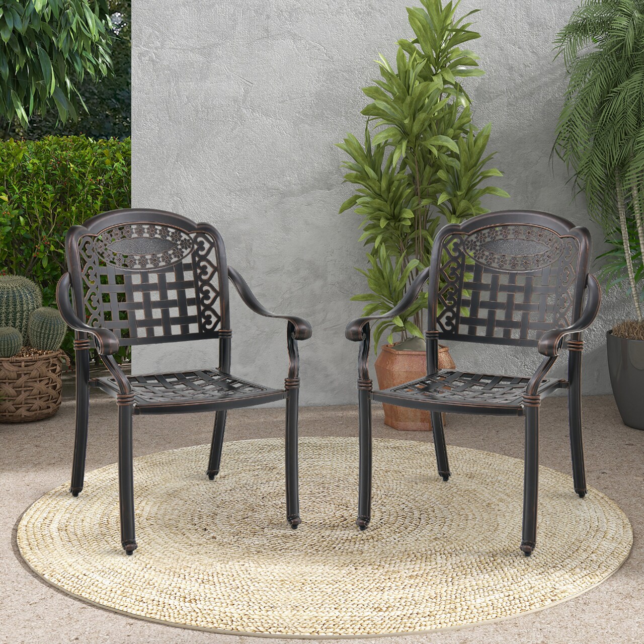 2 Pieces Cast Aluminum Patio Chair Bistro Dining Chair Outdoor Cast Aluminum Chair